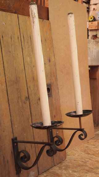 Large Brass Church Candles On Iron Brackets Spring Loaded Internal Wax Candles