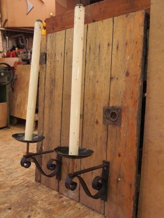 LARGE BRASS CHURCH CANDLES ON IRON BRACKETS SPRING LOADED INTERNAL WAX CANDLES 2