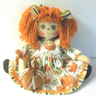 Primitive Raggedy Ann Doll Fall " Lillian " Pumpkins And Leaves Handmade Pumpkin