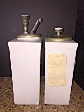 2 Vintage Drug Store Soda Fountain Pineapple Topping Ironestone Canisters - 1900