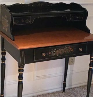 Vintage Ethan Allen Hitchcock Maple Wood Ladies Writing Desk Black Fruit 2