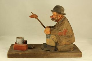 Vintage C.  O.  Trygg 1952 Carved Wood 8¾ " Hobo Cooking Dinner Figurine Sweden