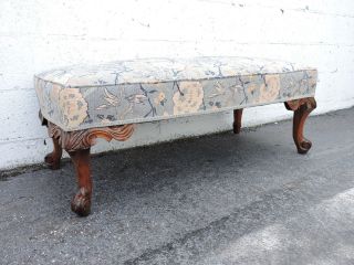 French Carved Solid Walnut Upholstered Early 1900s Footstool Ottoman 8356