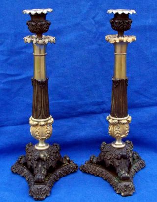 18th Century French 2 - Colored Bronze Empire Candlesticks Circa 1800