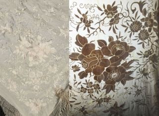 Xl Antique Chinese Export Embroider Floral White Bed Table Cover Shawl Canton