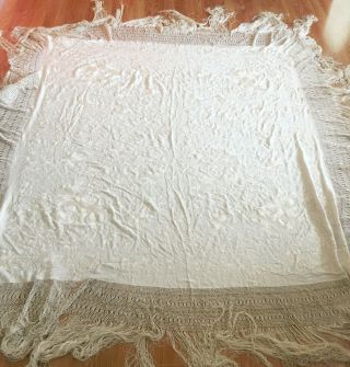 XL Antique Chinese Export Embroider Floral White Bed Table Cover Shawl Canton 2