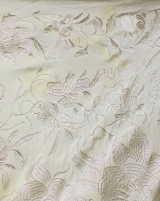 XL Antique Chinese Export Embroider Floral White Bed Table Cover Shawl Canton 7