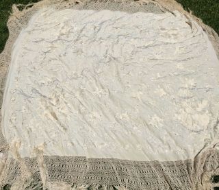 XL Antique Chinese Export Embroider Floral White Bed Table Cover Shawl Canton 9