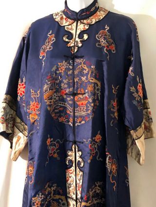 Vintage Chinese Silk Navy Blue Embroidered Robe Jacket Pretty Sm/med