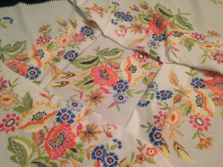 Vintage Hand Embroidered Tablecloth Poppies Wild Flowers & Wheat