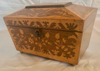Wonderful Antique English Wood Tea Caddy In W/ Key