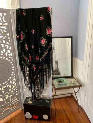 Antique C1920 - 30s Large Black Embroidered Piano Shawl