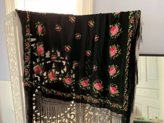 Antique c1920 - 30s Large Black Embroidered Piano Shawl 2