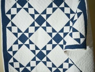 EYE CATCHING Vintage 1880 ' s Indigo Blue & White Ohio Stars Antique Quilt 7