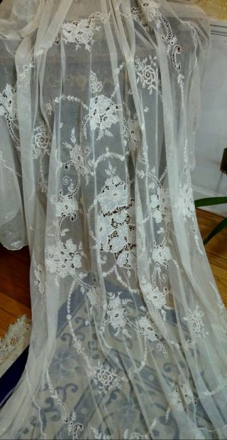 Antique French Embroidered Lace Cutwork Bedspread