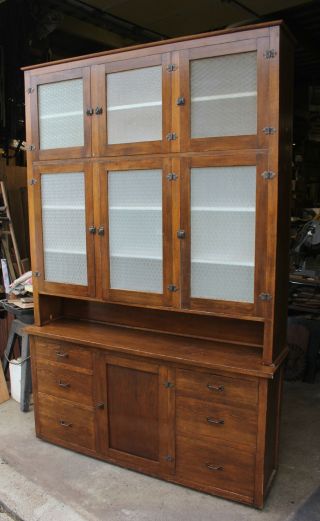 Antique Pine Butler Pantry Cupboard Wtextured Glass Cabinet Storage 71 " W X 107 " H