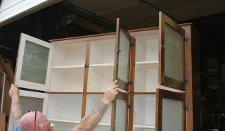 Antique Pine Butler Pantry Cupboard wTextured Glass Cabinet Storage 71 