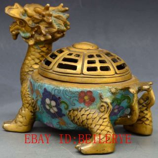 Chinese Antiques Brass Handwork Cloisonne Dragon Turtle Incense Burner L20 2