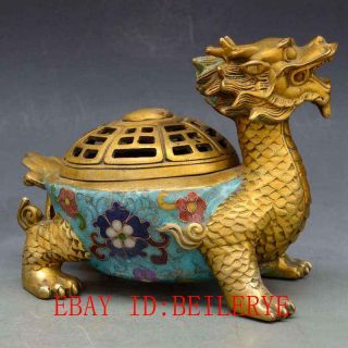 Chinese Antiques Brass Handwork Cloisonne Dragon Turtle Incense Burner L20 3