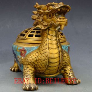 Chinese Antiques Brass Handwork Cloisonne Dragon Turtle Incense Burner L20 4