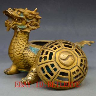 Chinese Antiques Brass Handwork Cloisonne Dragon Turtle Incense Burner L20 5