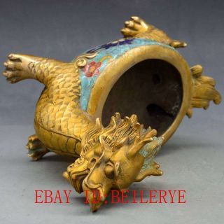 Chinese Antiques Brass Handwork Cloisonne Dragon Turtle Incense Burner L20 6