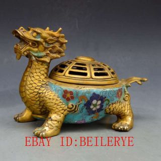 Chinese Antiques Brass Handwork Cloisonne Dragon Turtle Incense Burner L20 8