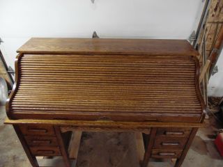Vintage 7 Drawer Oak Rolltop Desk With 2 Writing Boards 11