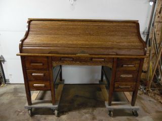 Vintage 7 Drawer Oak Rolltop Desk With 2 Writing Boards