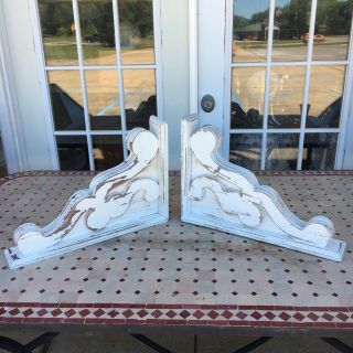 Pair Large Distressed White Wooden Corbels Farmhouse Shabby Chic Architectural