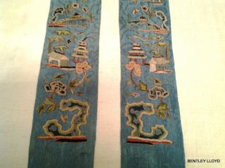 Two Antique Chinese Embroidered Silk Sash Panels Of Pagoda Gardens River Scenes