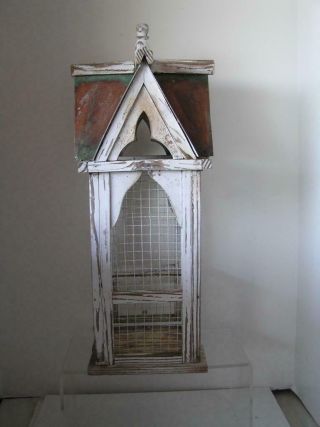 Primitive Folk Art Handmade Antique Wood Copper Roof Metal Bird Cage Shabby 22 "