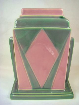 Roseville Art Pottery Futura Jukebox Vase 386 8 Pink/grey Buttressed Art - Deco