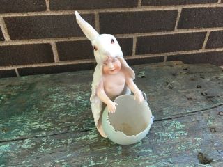 RARE Antique German Bisque Piano Baby Porcelain Figurine Bunny Rabbit Easter 3