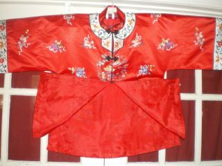FINE Old Chinese Red Silk Jacket/Robe w/ Hand Embroidered Garden Scene Sz L 10