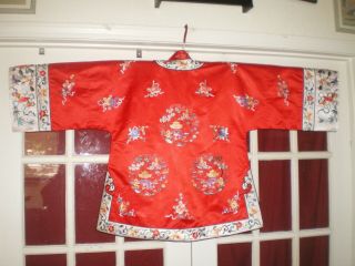 FINE Old Chinese Red Silk Jacket/Robe w/ Hand Embroidered Garden Scene Sz L 11