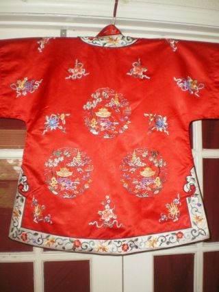 FINE Old Chinese Red Silk Jacket/Robe w/ Hand Embroidered Garden Scene Sz L 12