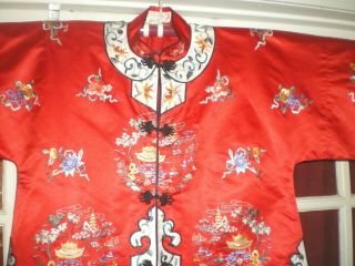 FINE Old Chinese Red Silk Jacket/Robe w/ Hand Embroidered Garden Scene Sz L 5