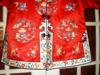 FINE Old Chinese Red Silk Jacket/Robe w/ Hand Embroidered Garden Scene Sz L 6