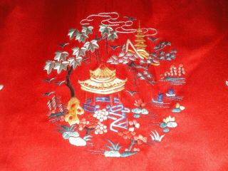 FINE Old Chinese Red Silk Jacket/Robe w/ Hand Embroidered Garden Scene Sz L 8