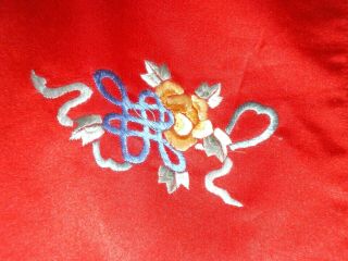 FINE Old Chinese Red Silk Jacket/Robe w/ Hand Embroidered Garden Scene Sz L 9