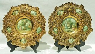 Pair Large Antique/vtg 14 " Victorian Spain Brass Repousse Figural Wall Plaques