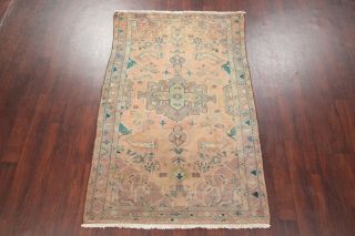 Antique MUTED PEACH Geometric Heriz Area Rug Distressed Wool Carpet 4 ' x7 ' 2