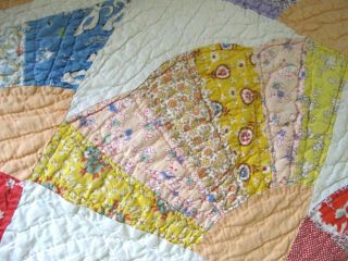 Feed Sack Hand Sewn GRANDMOTHER ' S FAN Quilt,  Many NOVELTY Prints,  Good 11