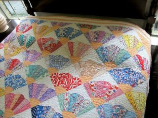 Feed Sack Hand Sewn GRANDMOTHER ' S FAN Quilt,  Many NOVELTY Prints,  Good 2