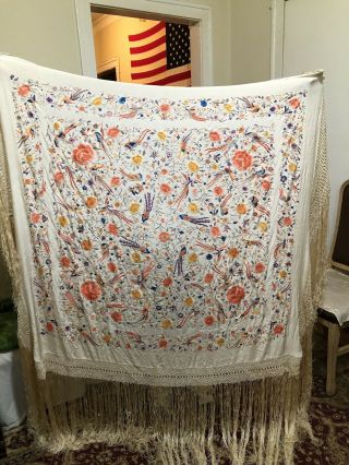 ANTIQUE CHINESE CANTON EMBROIDERED SILK SPANISH PIANO SHAWL EMBROIDERY BIRDS 2