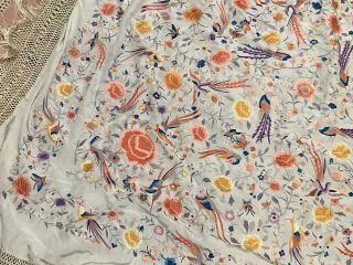 ANTIQUE CHINESE CANTON EMBROIDERED SILK SPANISH PIANO SHAWL EMBROIDERY BIRDS 9