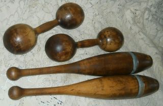 Antique Wooden Dumbbells & Juggling Pins Primitive Wood 2