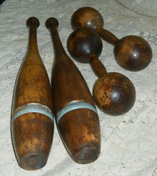Antique Wooden Dumbbells & Juggling Pins Primitive Wood 3