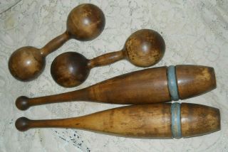 Antique Wooden Dumbbells & Juggling Pins Primitive Wood 4